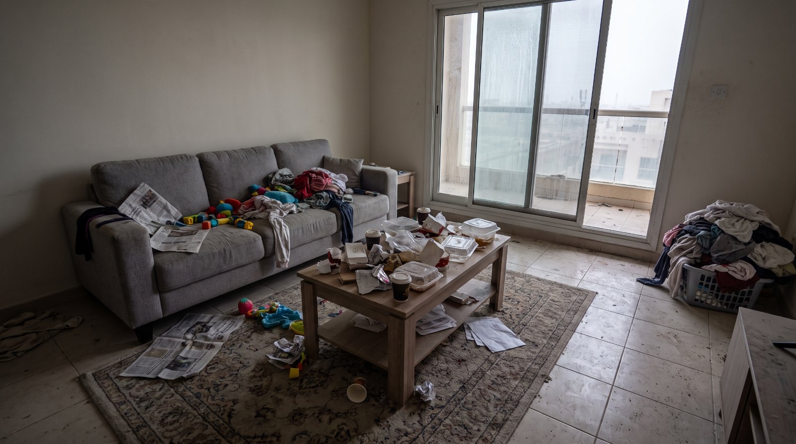 The same living room before cleaning