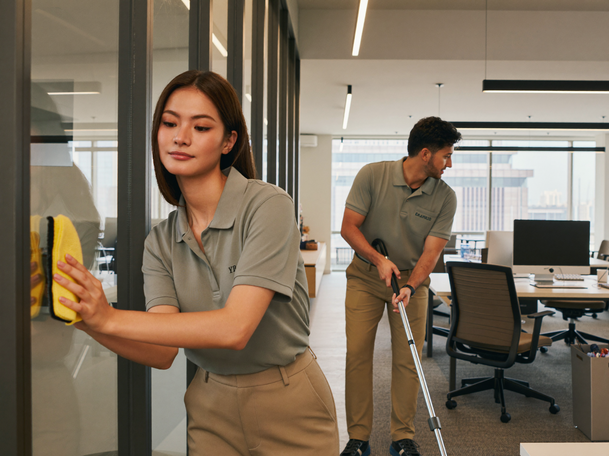 Two uniformed Tip Top team members cleaning glass and vacuuming an office
