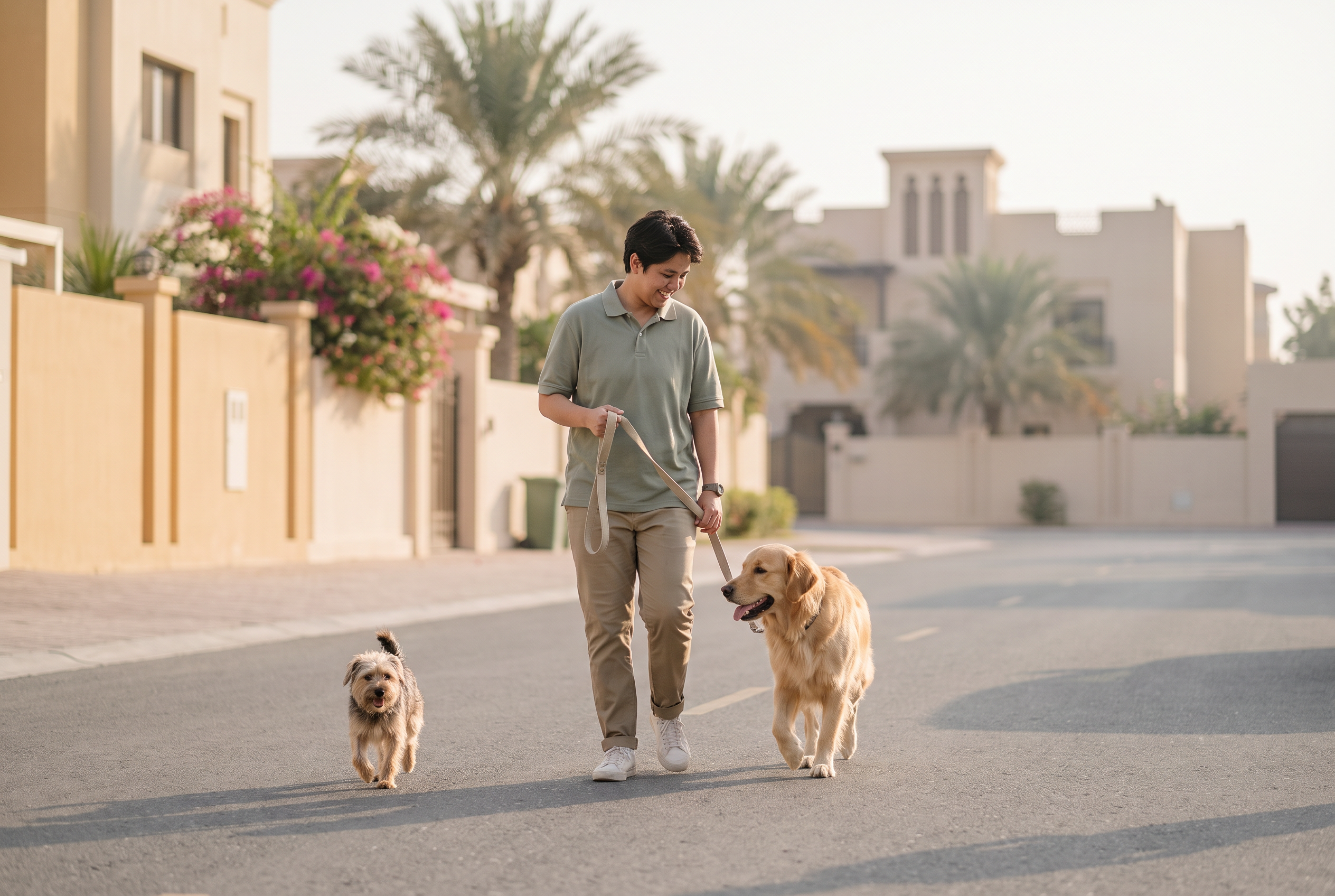 A Tip Top pet carer walking two dogs on a leafy Sharjah street